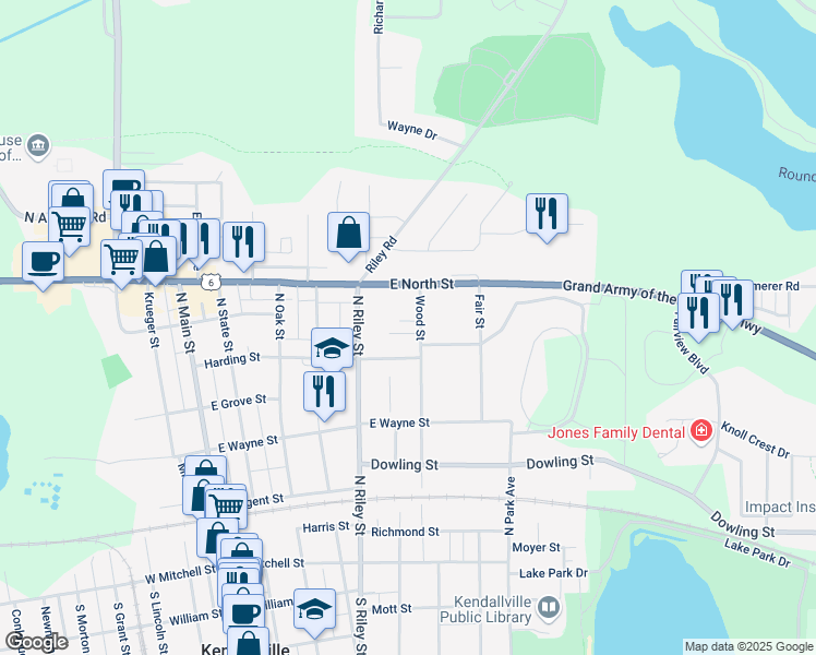 map of restaurants, bars, coffee shops, grocery stores, and more near 648 Northwood Ct in Kendallville