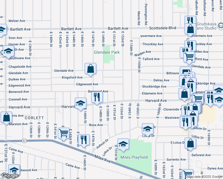 map of restaurants, bars, coffee shops, grocery stores, and more near 15013 Benwood Avenue in Cleveland