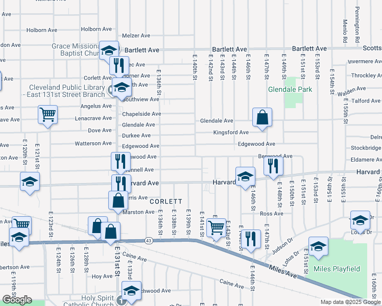 map of restaurants, bars, coffee shops, grocery stores, and more near 13905 Benwood Avenue in Cleveland
