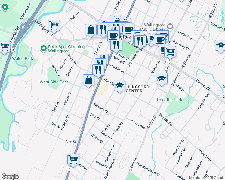 map of restaurants, bars, coffee shops, grocery stores, and more near 179 South Orchard Street in Wallingford