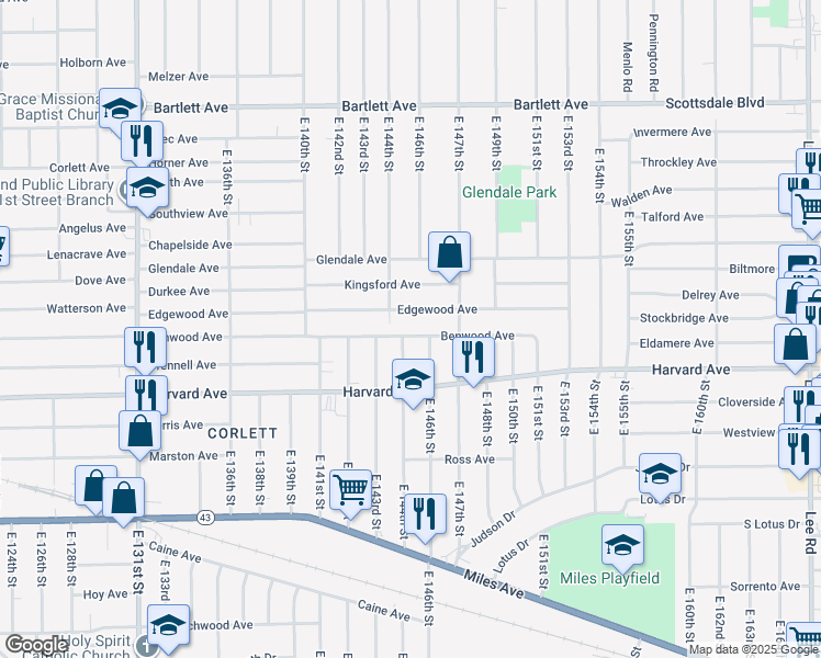 map of restaurants, bars, coffee shops, grocery stores, and more near 14405 Benwood Ave in Cleveland