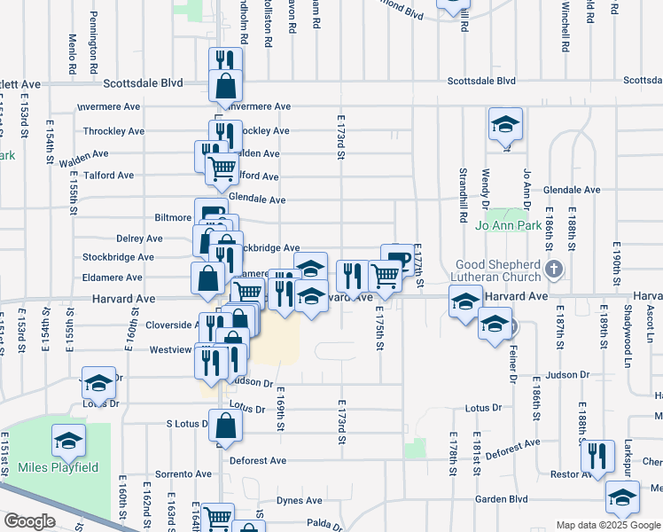 map of restaurants, bars, coffee shops, grocery stores, and more near 17207 Eldamere Avenue in Cleveland