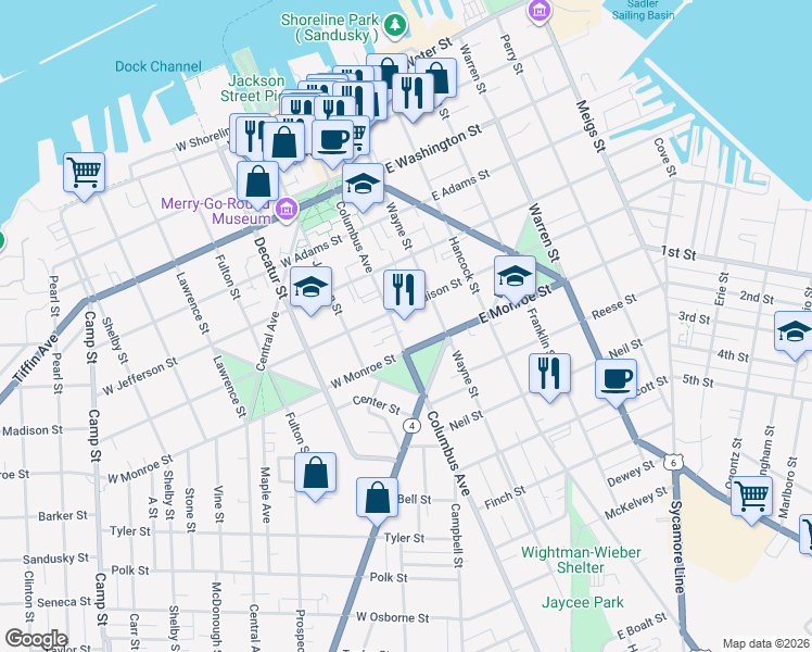 map of restaurants, bars, coffee shops, grocery stores, and more near 614 Columbus Avenue in Sandusky