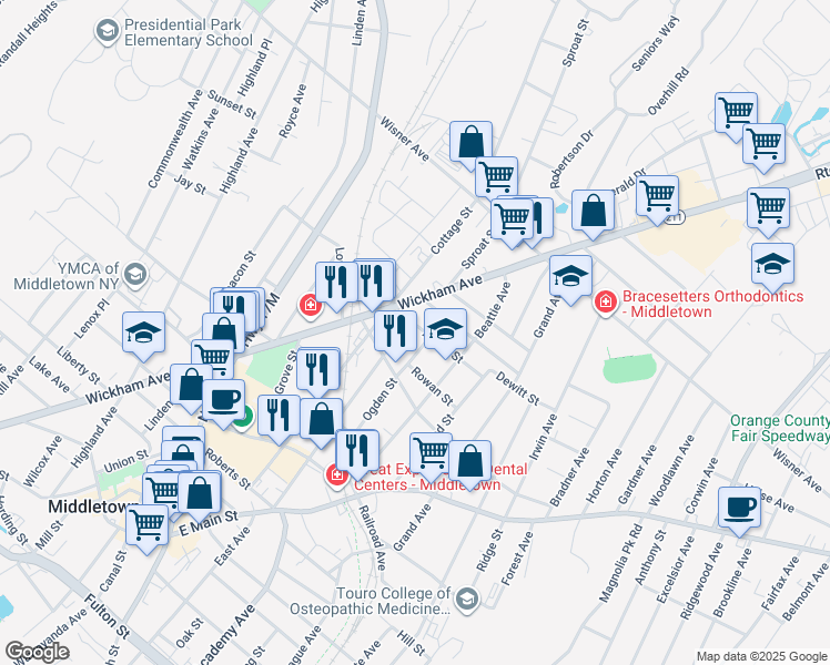 map of restaurants, bars, coffee shops, grocery stores, and more near 13 Albert Street in Middletown