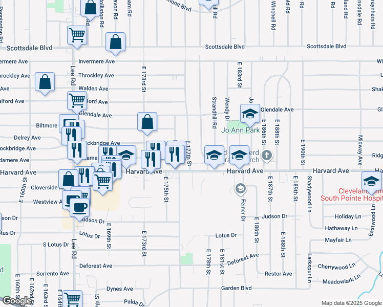 map of restaurants, bars, coffee shops, grocery stores, and more near 3977 East 177th Street in Cleveland