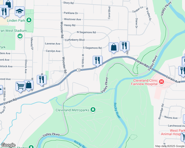 map of restaurants, bars, coffee shops, grocery stores, and more near 4430 South Valley Drive in Fairview Park