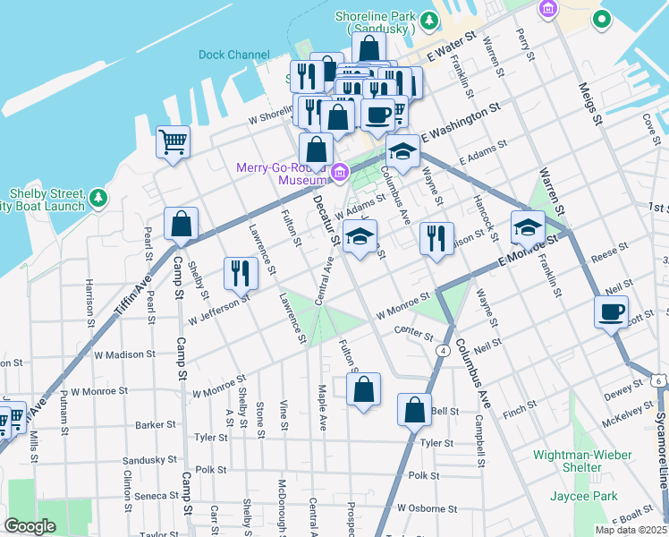 map of restaurants, bars, coffee shops, grocery stores, and more near 508 Central Avenue in Sandusky