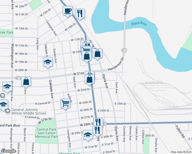 map of restaurants, bars, coffee shops, grocery stores, and more near 2115 Broadway in Lorain