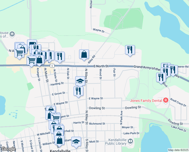 map of restaurants, bars, coffee shops, grocery stores, and more near 648 Northwood Court in Kendallville