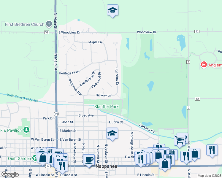 map of restaurants, bars, coffee shops, grocery stores, and more near 699 Forest Court in Nappanee