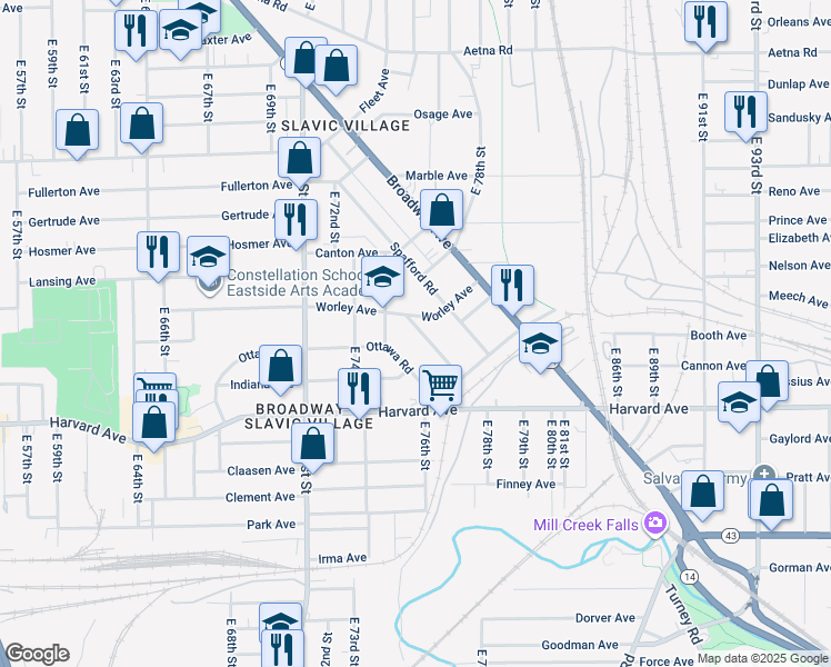 map of restaurants, bars, coffee shops, grocery stores, and more near 7622 Dercum Road in Cleveland