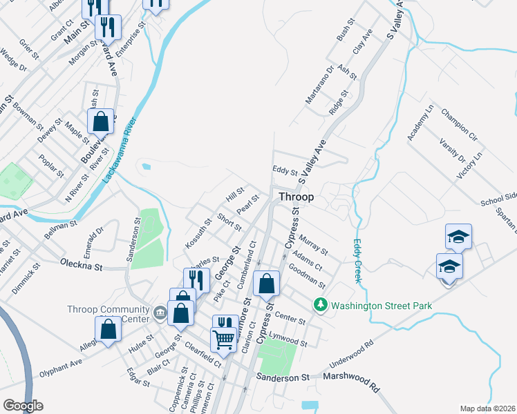 map of restaurants, bars, coffee shops, grocery stores, and more near 838 George Street in Throop