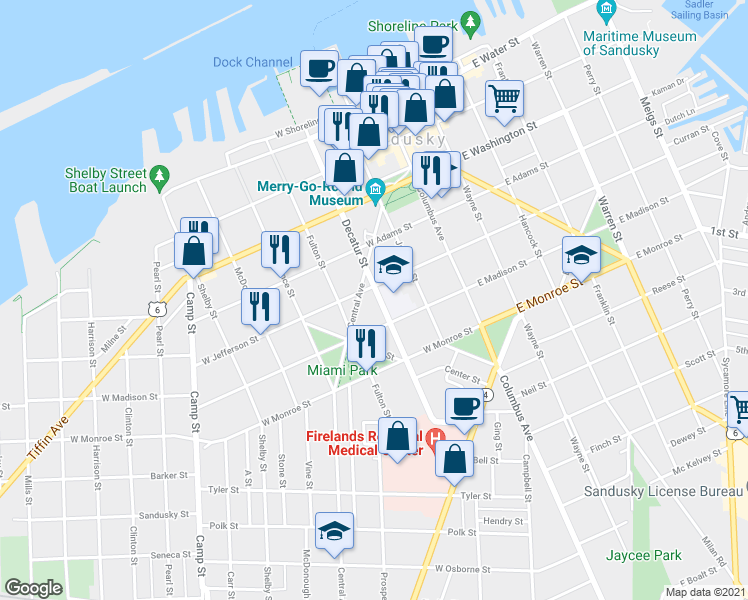 map of restaurants, bars, coffee shops, grocery stores, and more near 509 Decatur Street in Sandusky