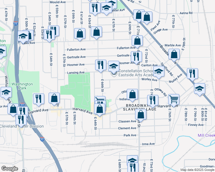 map of restaurants, bars, coffee shops, grocery stores, and more near 3942 East 67th Street in Cleveland