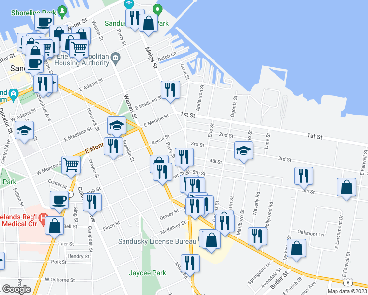 map of restaurants, bars, coffee shops, grocery stores, and more near 907 Sycamore Line in Sandusky