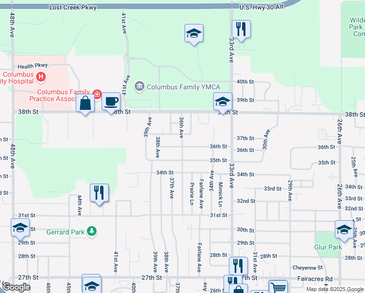map of restaurants, bars, coffee shops, grocery stores, and more near 3526 36th Street in Columbus