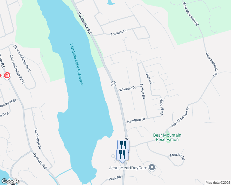 map of restaurants, bars, coffee shops, grocery stores, and more near 136 Pembroke Road in Danbury