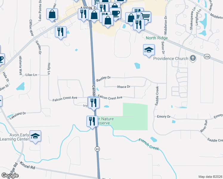 map of restaurants, bars, coffee shops, grocery stores, and more near 35983 Ithaca Drive in Avon