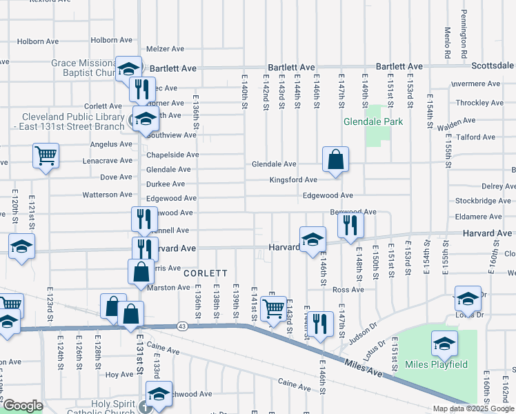 map of restaurants, bars, coffee shops, grocery stores, and more near 14117 Benwood Avenue in Cleveland