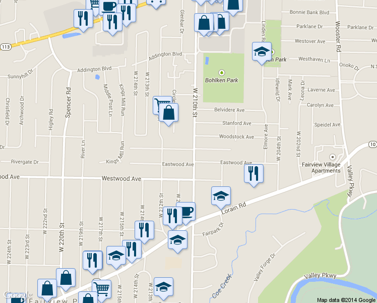 map of restaurants, bars, coffee shops, grocery stores, and more near 4130 W 210th St in Fairview Park