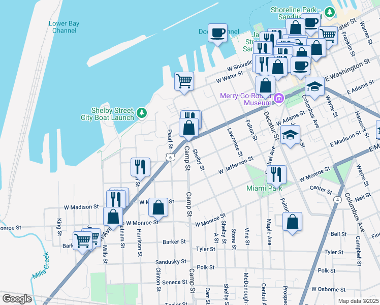 map of restaurants, bars, coffee shops, grocery stores, and more near 318 Camp Street in Sandusky