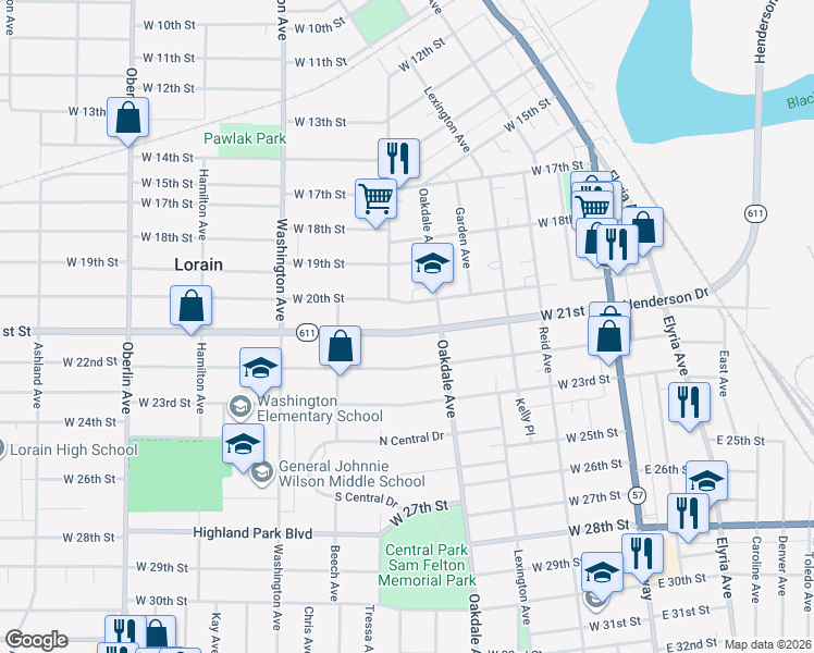map of restaurants, bars, coffee shops, grocery stores, and more near 714 West 21st Street in Lorain