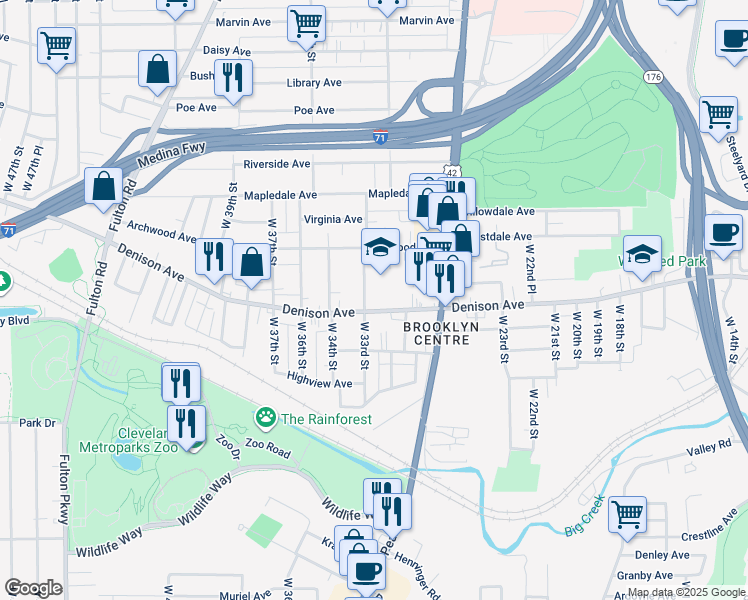 map of restaurants, bars, coffee shops, grocery stores, and more near 3294 Denison Avenue in Cleveland