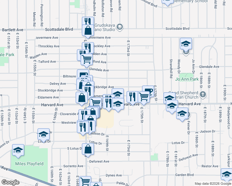 map of restaurants, bars, coffee shops, grocery stores, and more near 17003 Eldamere Avenue in Cleveland