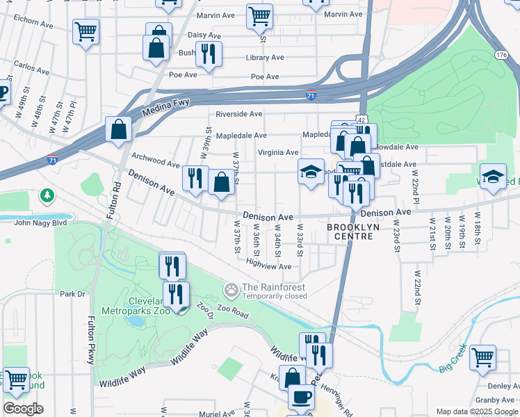 map of restaurants, bars, coffee shops, grocery stores, and more near 3824 West 36th Street in Cleveland