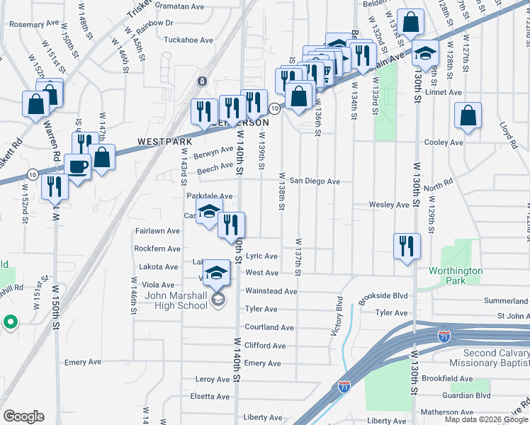 map of restaurants, bars, coffee shops, grocery stores, and more near 3753 West 139th Street in Cleveland