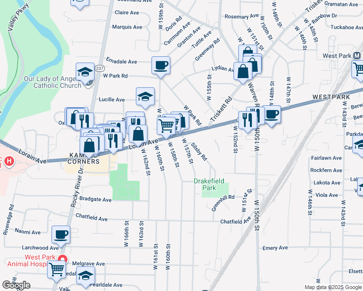 map of restaurants, bars, coffee shops, grocery stores, and more near 3823 West 158th Street in Cleveland