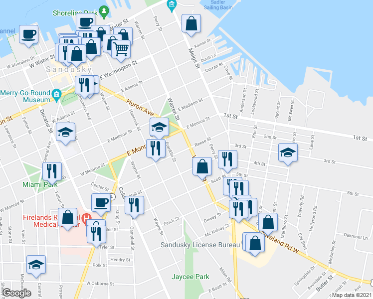 map of restaurants, bars, coffee shops, grocery stores, and more near 407 Reese Street in Sandusky