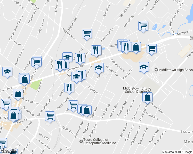 map of restaurants, bars, coffee shops, grocery stores, and more near 105 Grand Avenue in Middletown