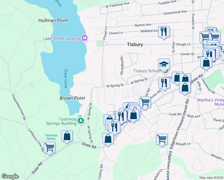 map of restaurants, bars, coffee shops, grocery stores, and more near 18 Goah Way in Tisbury
