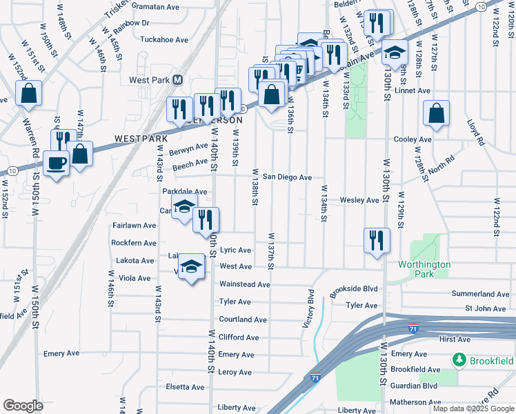 map of restaurants, bars, coffee shops, grocery stores, and more near 3769 W 138th St in Cleveland