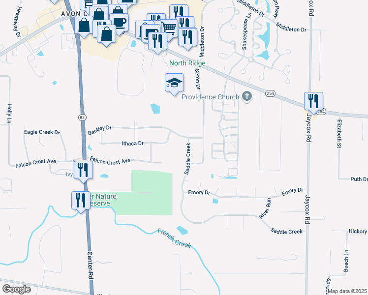 map of restaurants, bars, coffee shops, grocery stores, and more near 2654 Saddle Creek in Avon