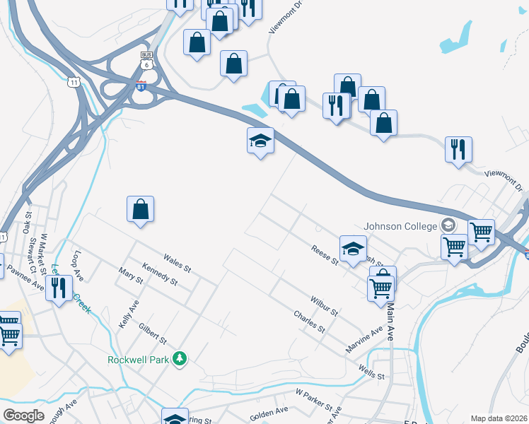 map of restaurants, bars, coffee shops, grocery stores, and more near 3114 Rockwell Avenue in Scranton