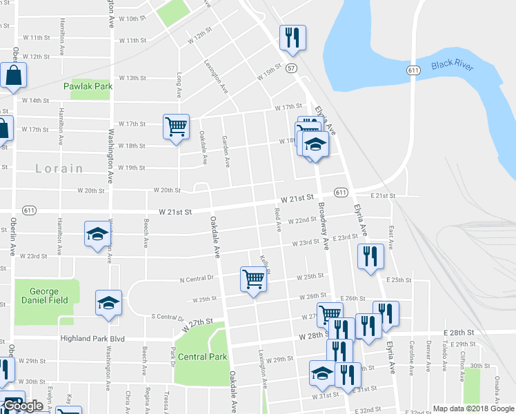 map of restaurants, bars, coffee shops, grocery stores, and more near 323 Ohio 611 in Lorain