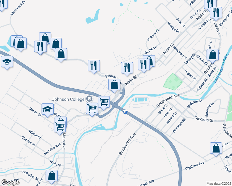 map of restaurants, bars, coffee shops, grocery stores, and more near 237 Main Street in Dickson City