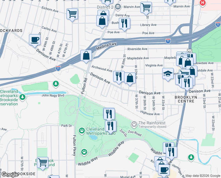map of restaurants, bars, coffee shops, grocery stores, and more near 3839 West 41st Street in Cleveland