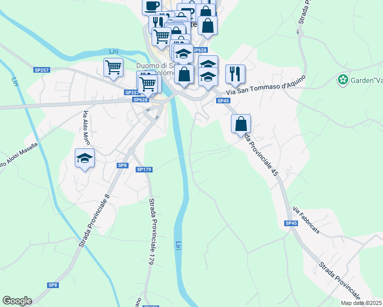 map of restaurants, bars, coffee shops, grocery stores, and more near Via Tre Fontane in Pontecorvo