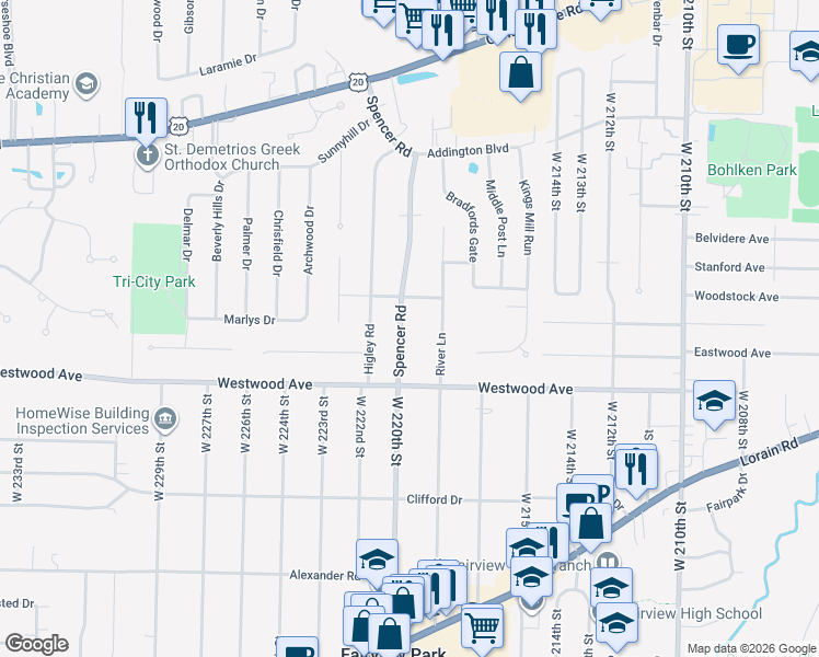 map of restaurants, bars, coffee shops, grocery stores, and more near 3975 Spencer Road in Rocky River