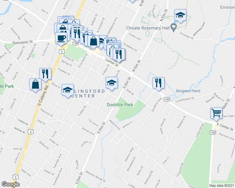 map of restaurants, bars, coffee shops, grocery stores, and more near 81 South Elm Street in Wallingford