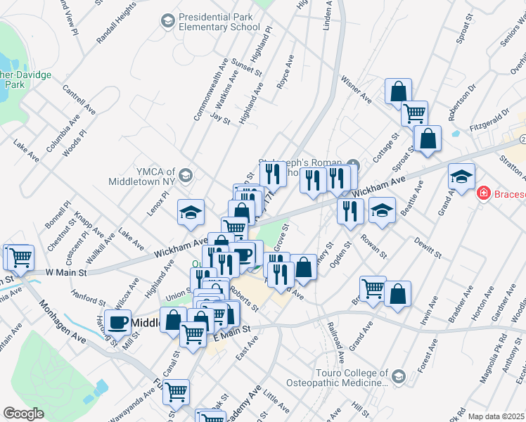 map of restaurants, bars, coffee shops, grocery stores, and more near 7 Prospect Street in Middletown