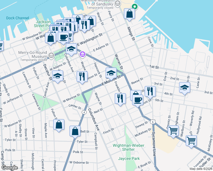 map of restaurants, bars, coffee shops, grocery stores, and more near 708 Hancock Street in Sandusky