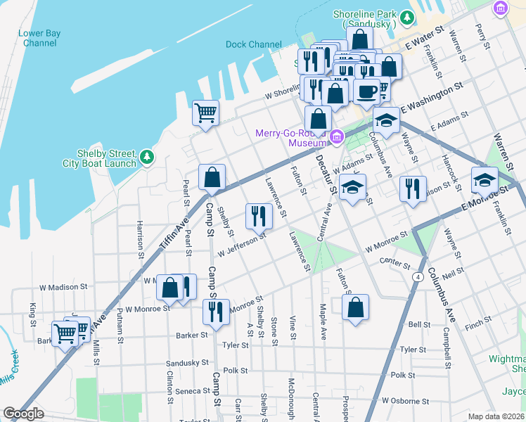 map of restaurants, bars, coffee shops, grocery stores, and more near 922 West Adams Street in Sandusky