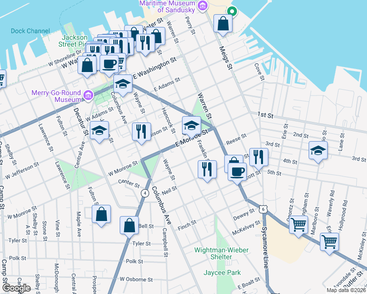 map of restaurants, bars, coffee shops, grocery stores, and more near 708 Hancock Street in Sandusky