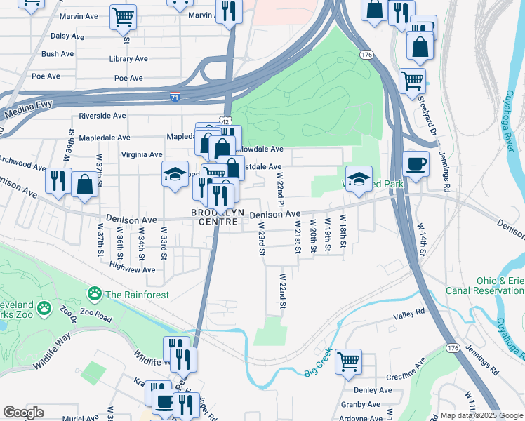 map of restaurants, bars, coffee shops, grocery stores, and more near 2230 Denison Avenue in Cleveland
