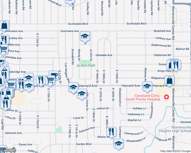 map of restaurants, bars, coffee shops, grocery stores, and more near 3988 East 186th Street in Cleveland