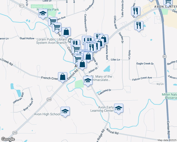 map of restaurants, bars, coffee shops, grocery stores, and more near 36980 Julian Street in Avon